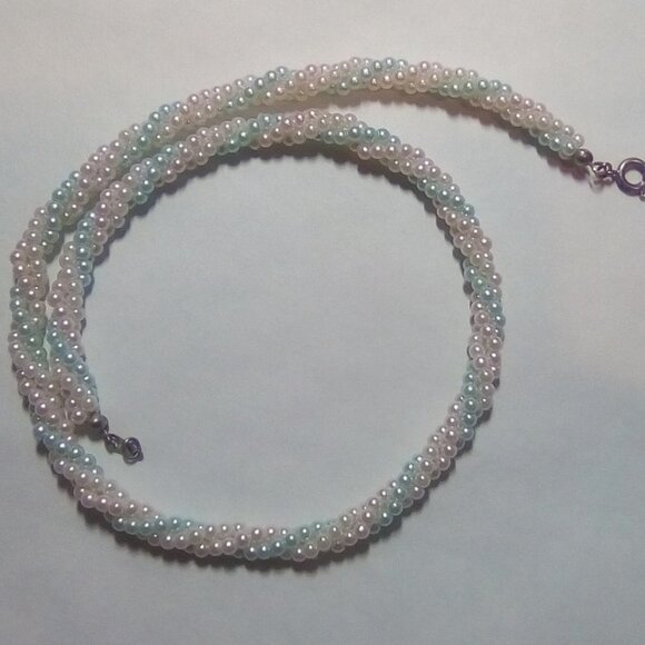 Pastel Faux Pearl Choker Necklace - 3 Strand Twisted Tiny Beads - 17" Long - Picture 3 of 5